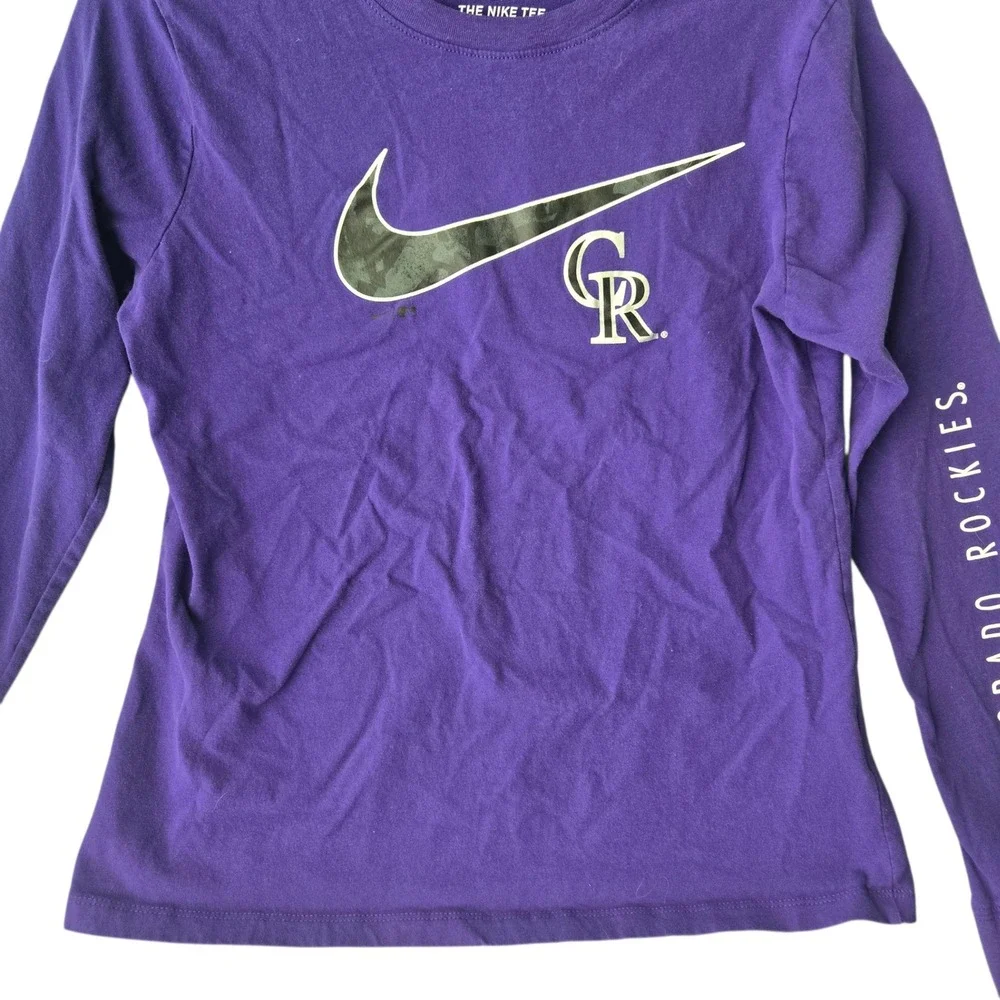 Nike Colorado Rockies Womens Long Sleeve‎ T-Shirt Purple Camo Swoosh MLB Medium